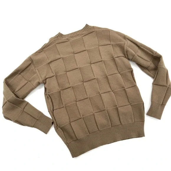 Crew Neck Sweater Knit Pullover Long Sleeve Winter Top Woven Checkered Knitted - Picture 2 of 3